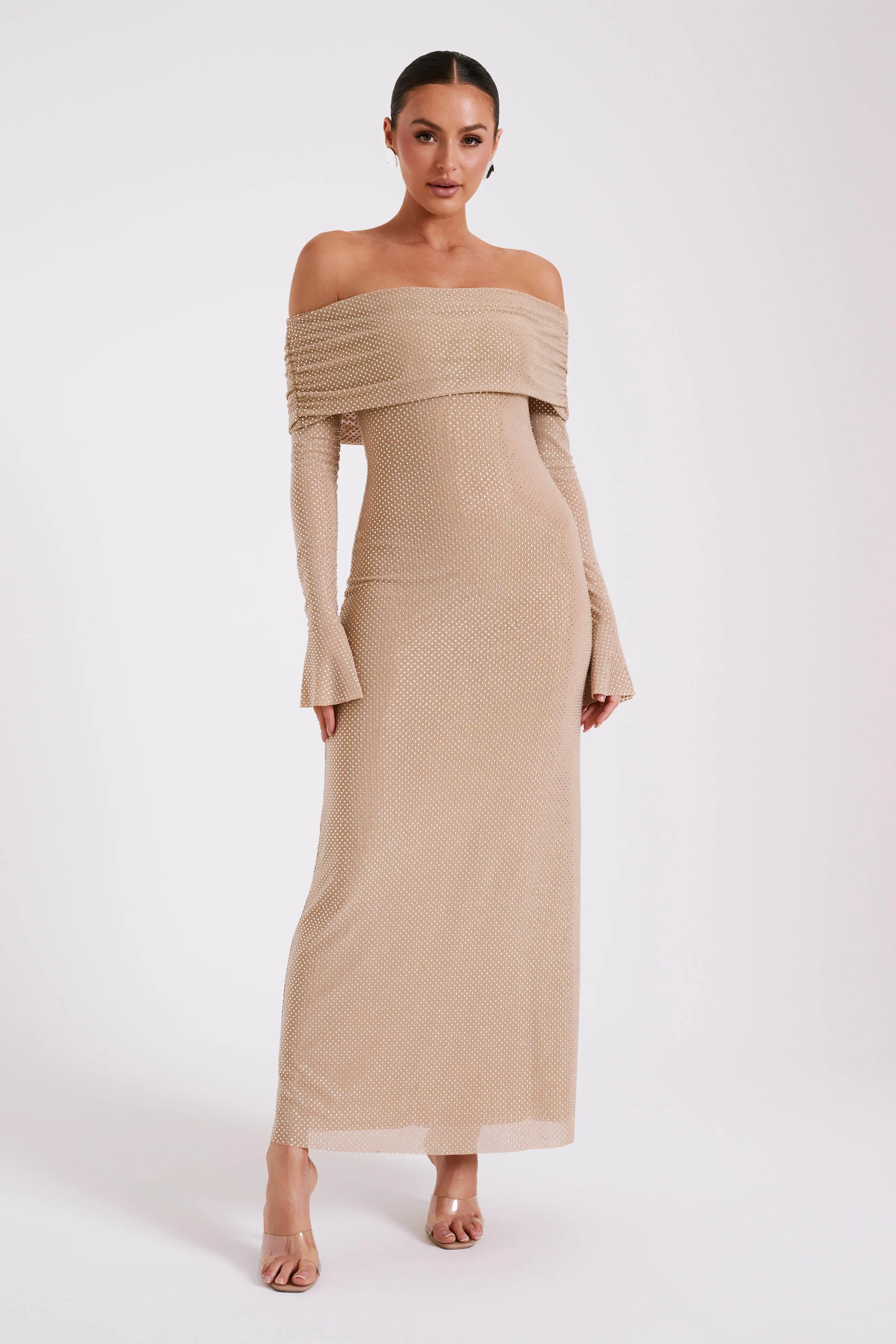 Marcel Off Shoulder Diamante Maxi Dress - Nude