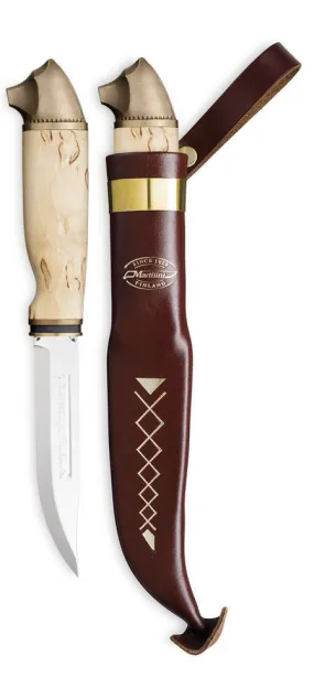 Marttiini 11cm Carbon Steel Bear Hunting Knife Boxed (Curly Birch With Bronze Bear Head And Brown Leather Sheath)