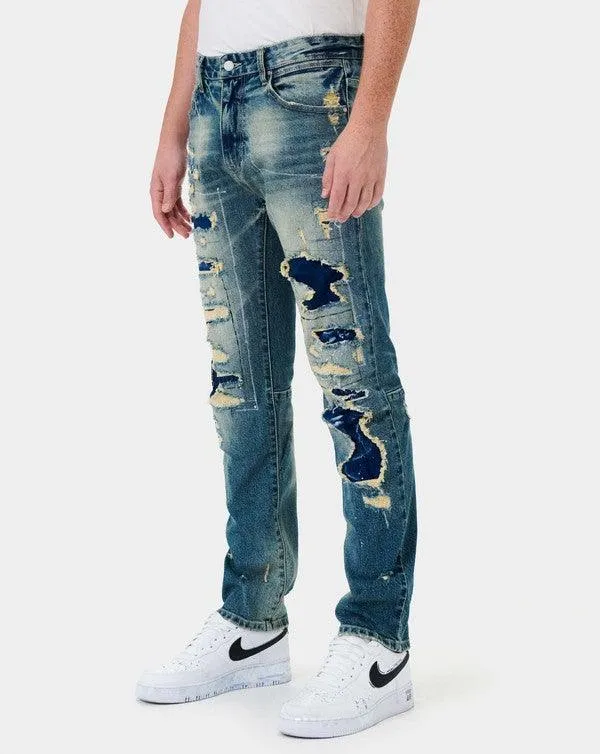 Mens Boro Repair Straight Denim Jeans