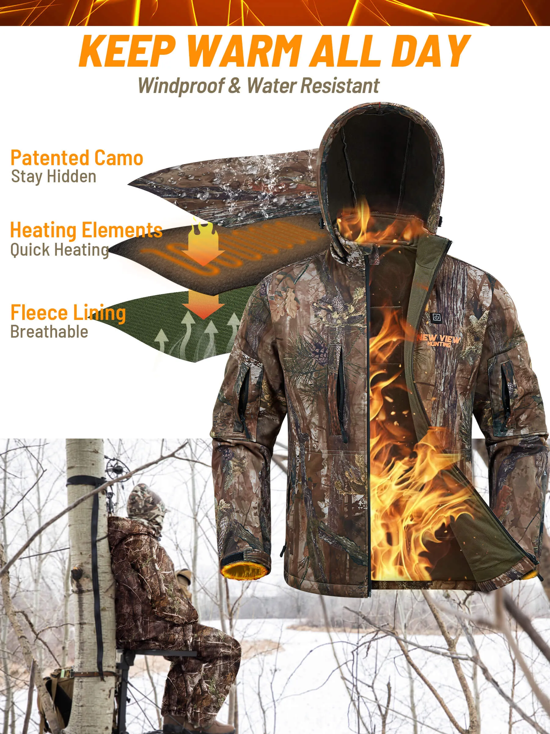 Men's Heated Jacket for Hunting, 6 Heating Zones, Power Bank Included