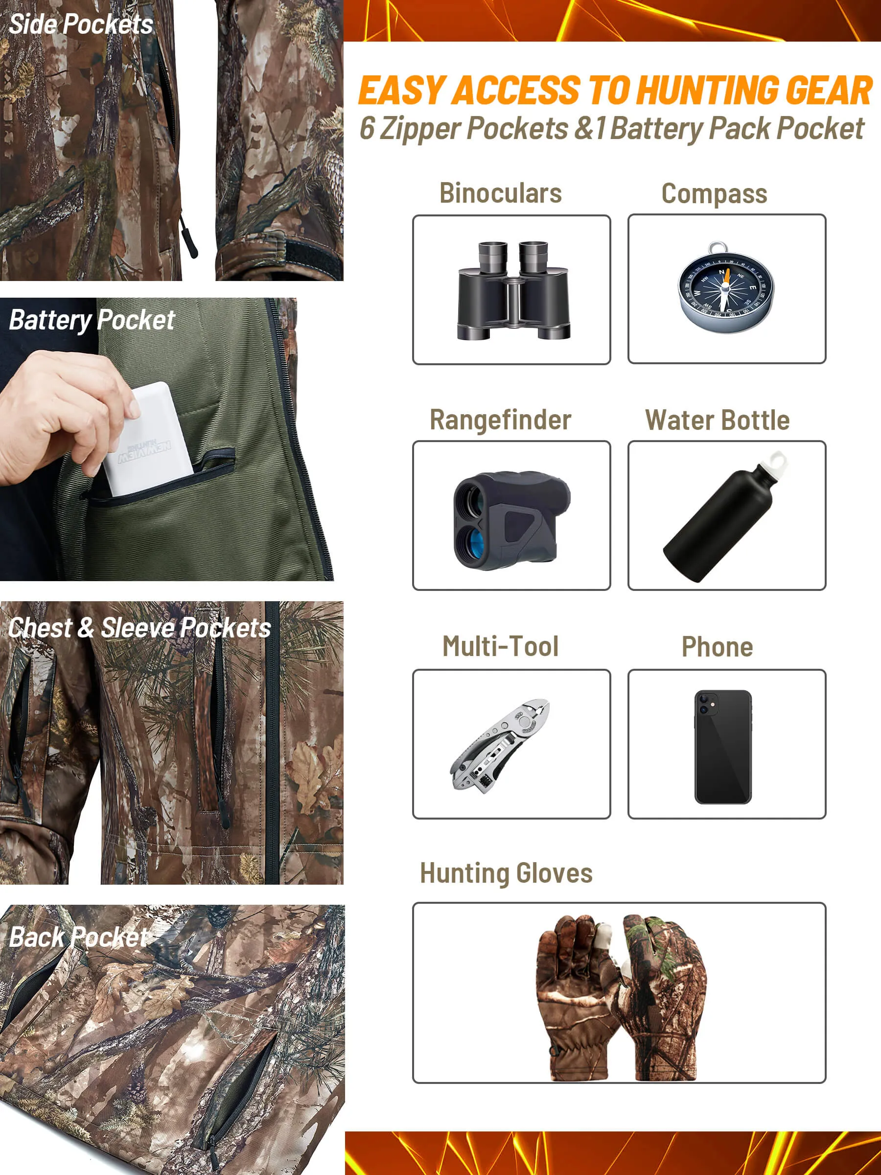 Men's Heated Jacket for Hunting, 6 Heating Zones, Power Bank Included