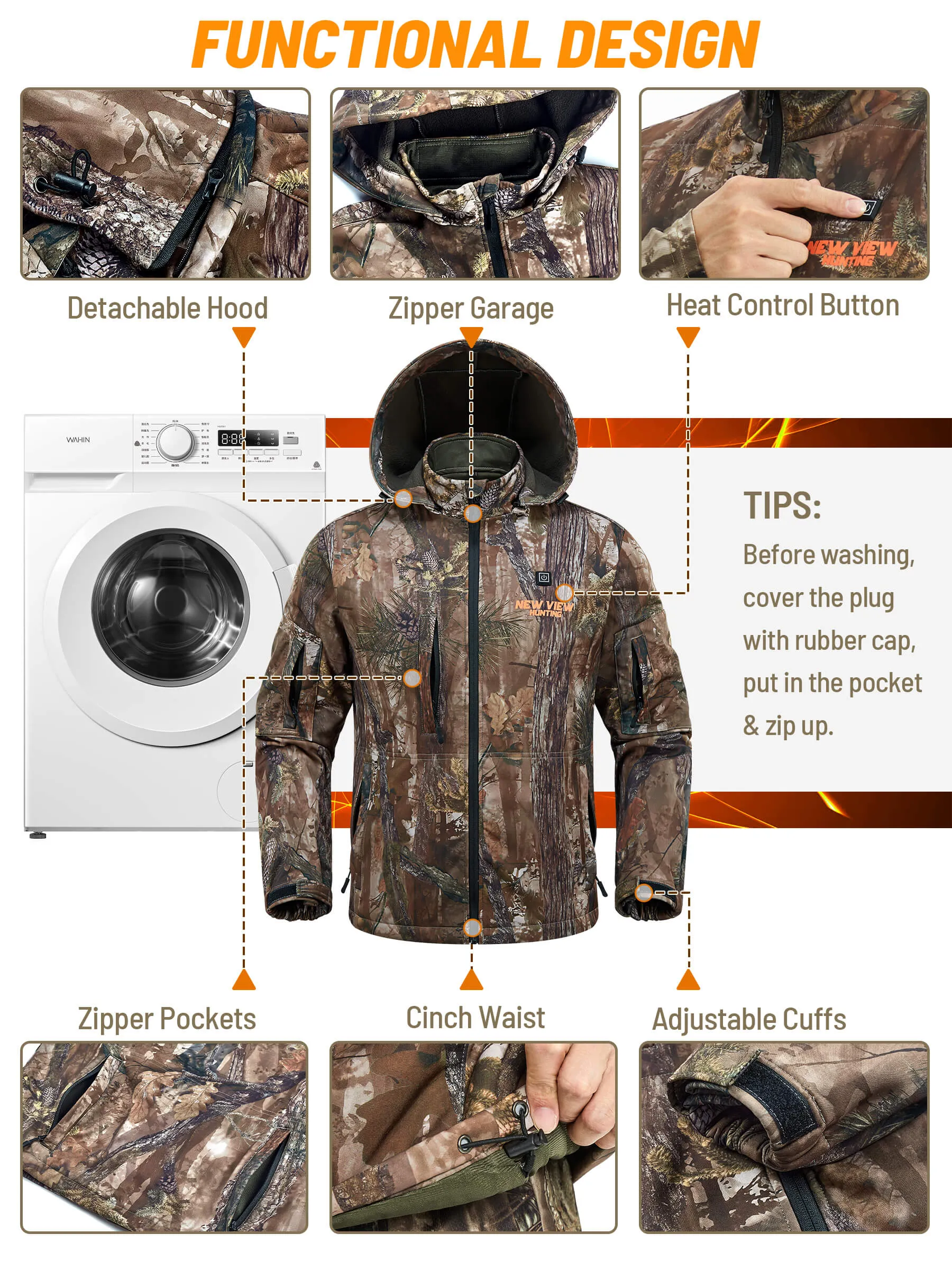 Men's Heated Jacket for Hunting, 6 Heating Zones, Power Bank Included