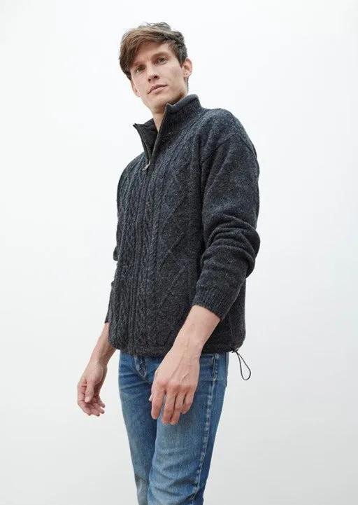 Mens Lined Wool Aran Cardigan | Charcoal