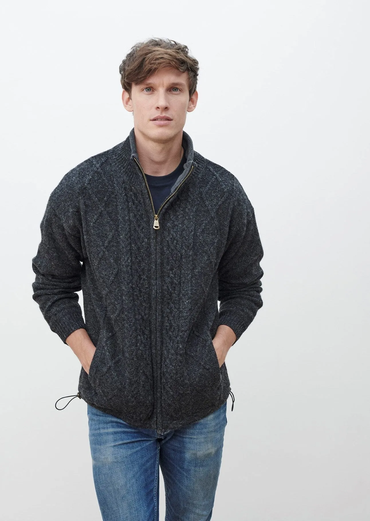 Mens Lined Wool Aran Cardigan | Charcoal