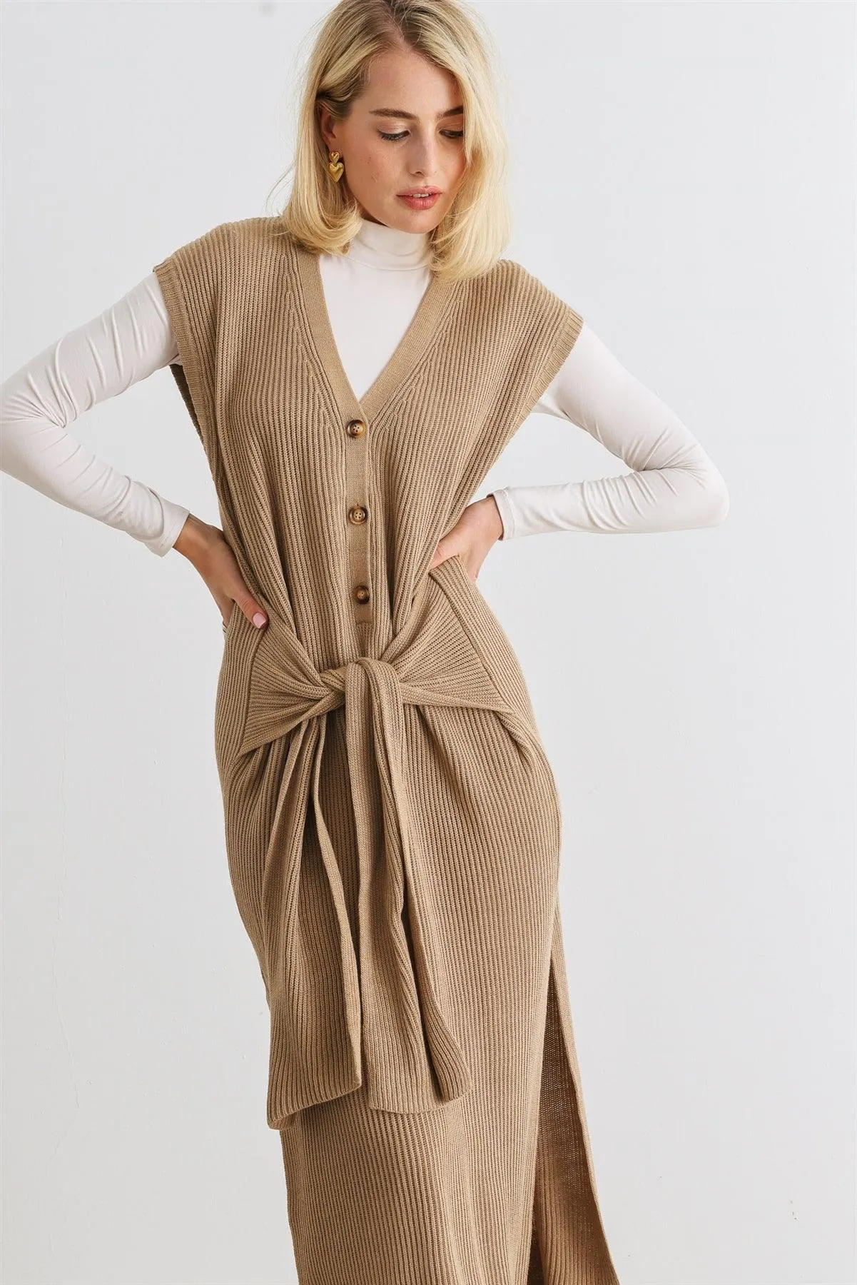 Mocha Knit Button-Up Sleeveless Belted Midi Sweater Dress /3-2-1