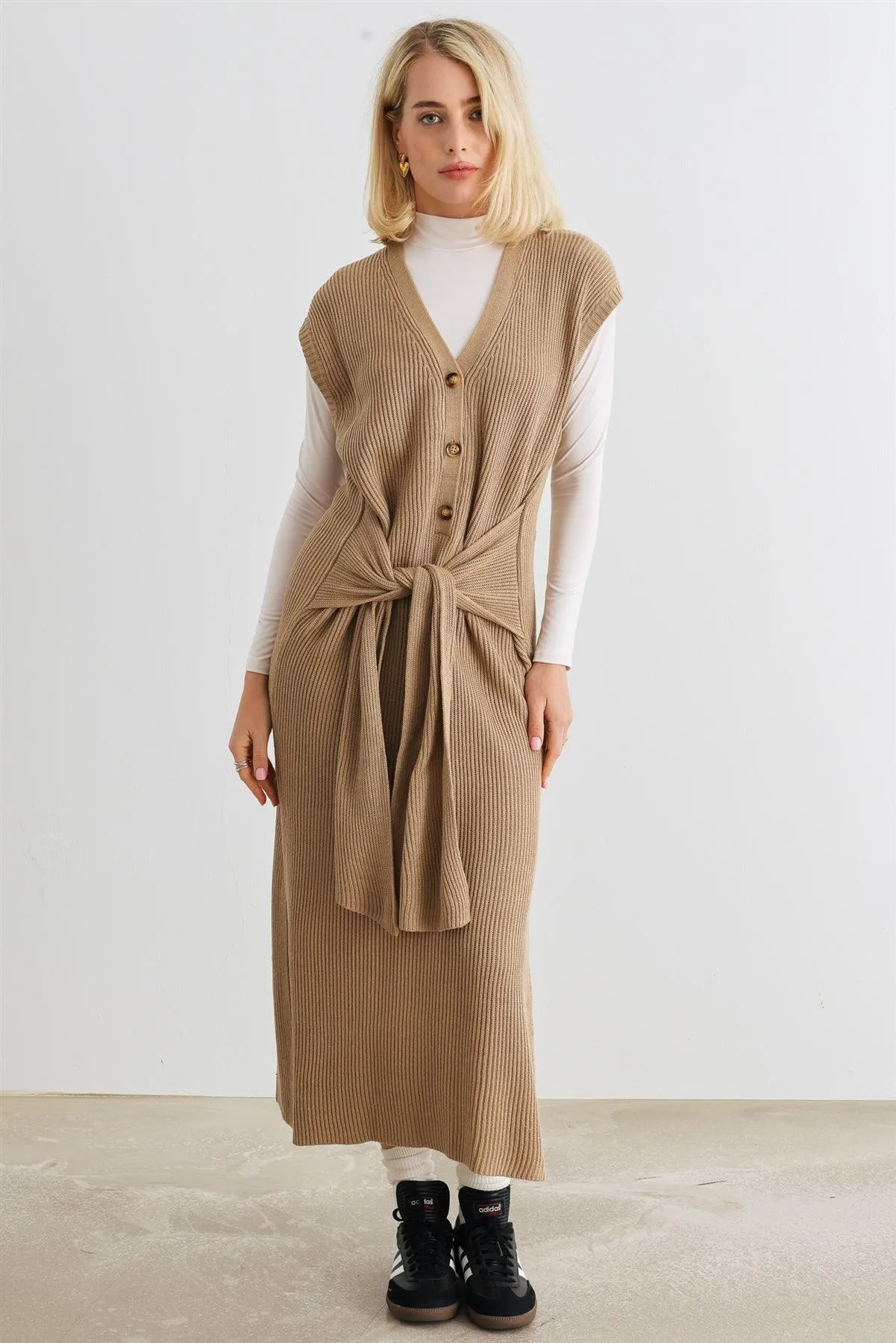 Mocha Knit Button-Up Sleeveless Belted Midi Sweater Dress /3-2-1