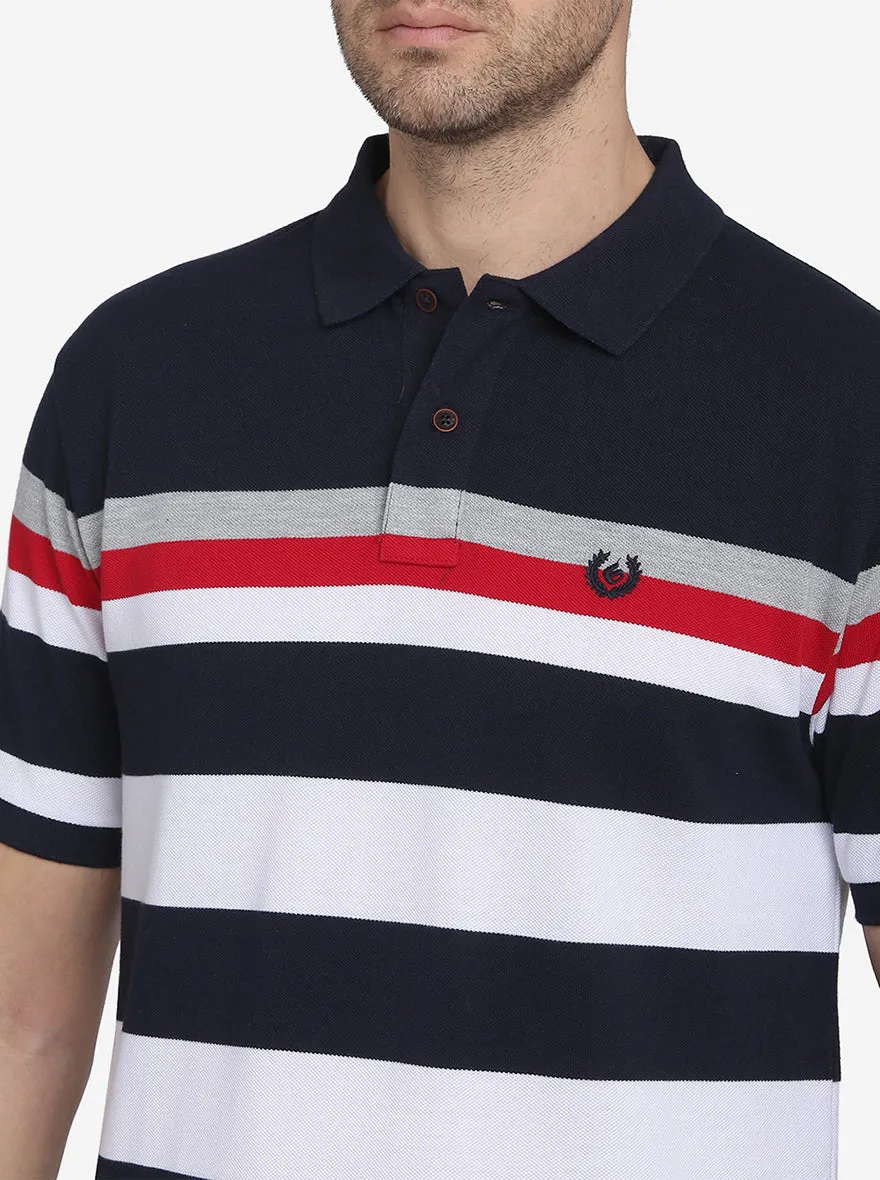 Navy Blue & White Striped Slim Fit Polo T-shirt  | Greenfibre