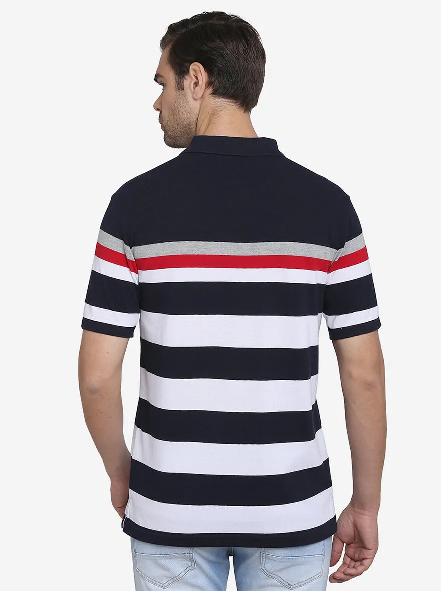 Navy Blue & White Striped Slim Fit Polo T-shirt  | Greenfibre