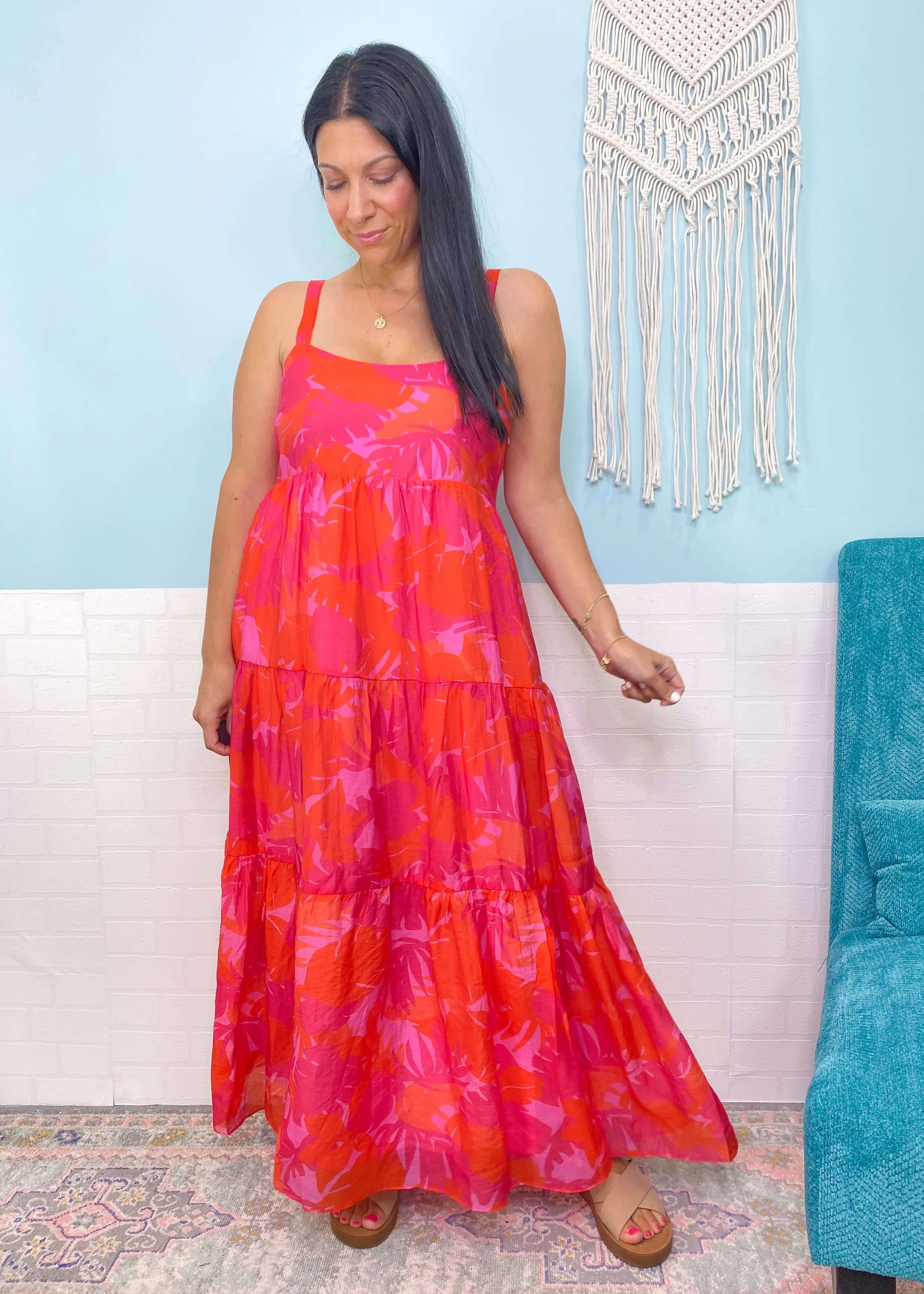 'No Shade' Hot Pink & Coral Tropical Palm Print Maxi Dress