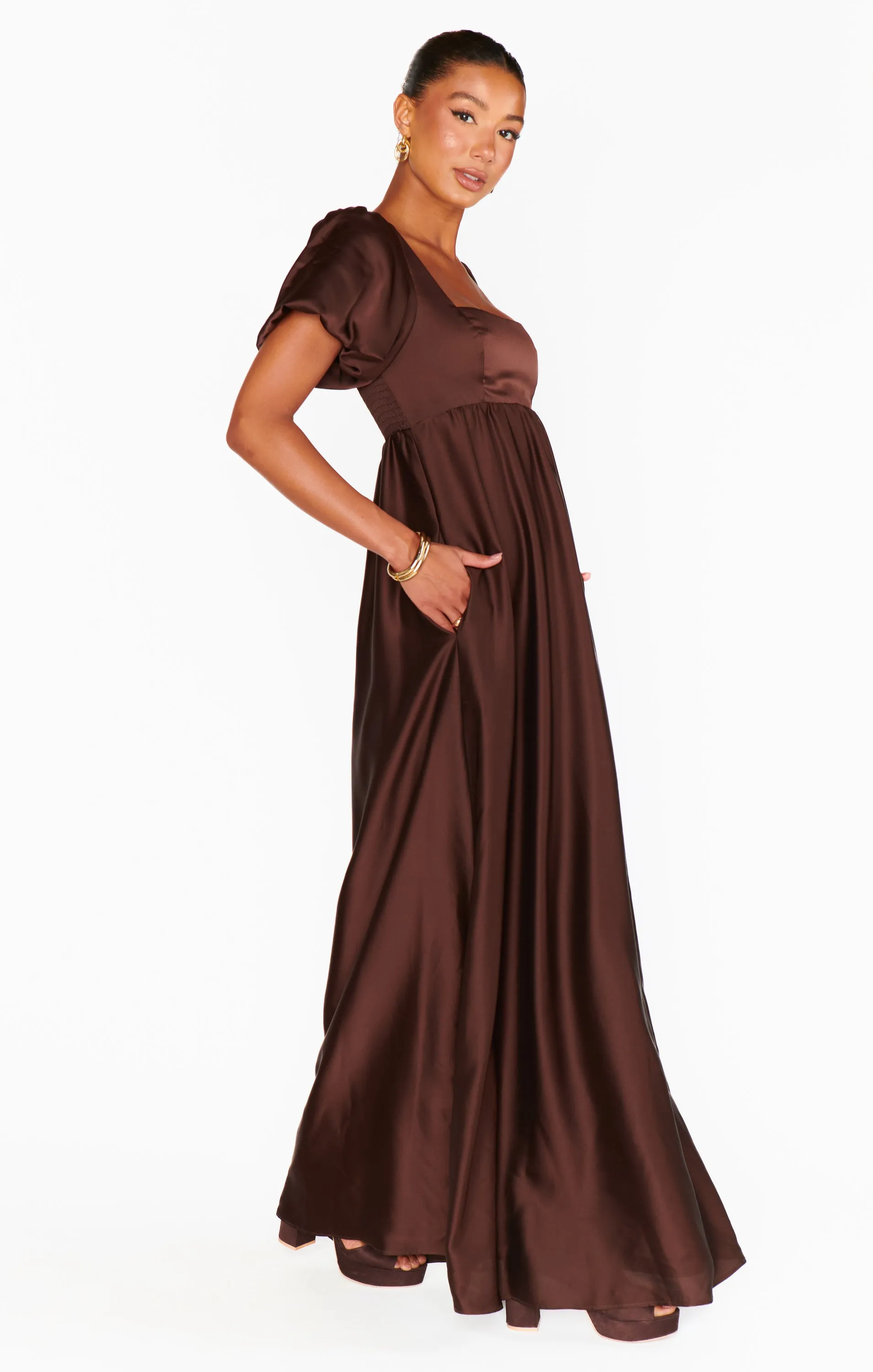 Nora Maxi Dress ~ Chocolate Luxe Satin