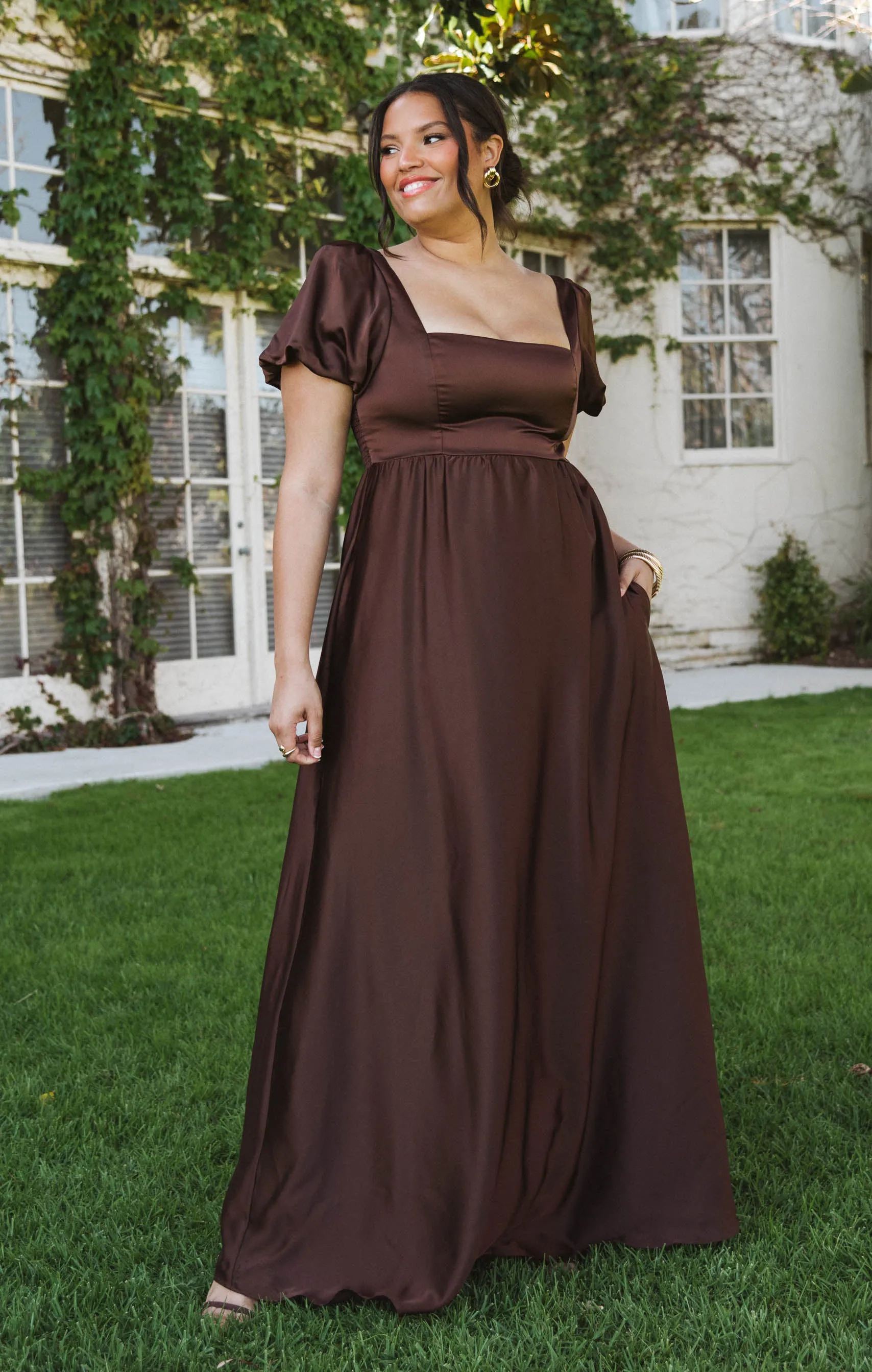 Nora Maxi Dress ~ Chocolate Luxe Satin