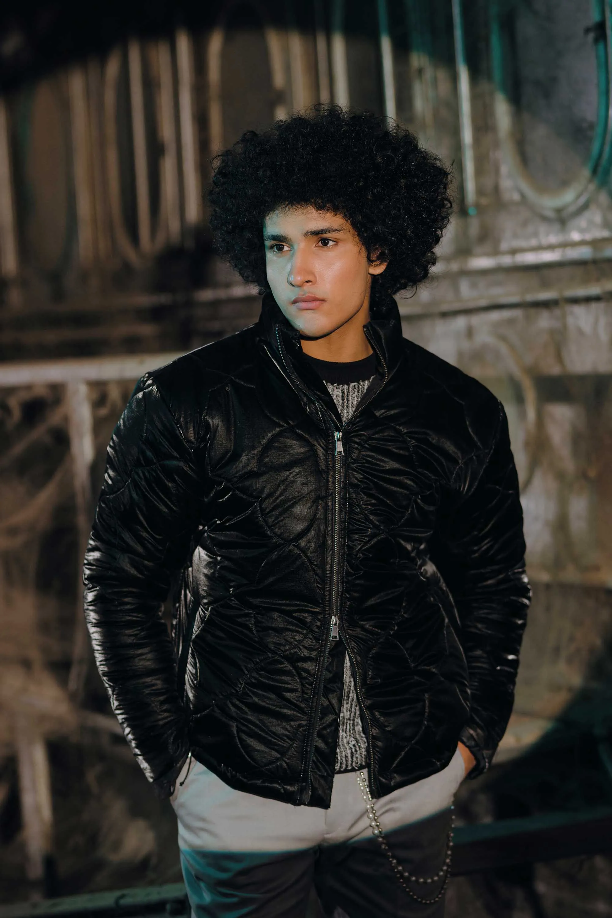 Patent Black Textured Parka Jacket