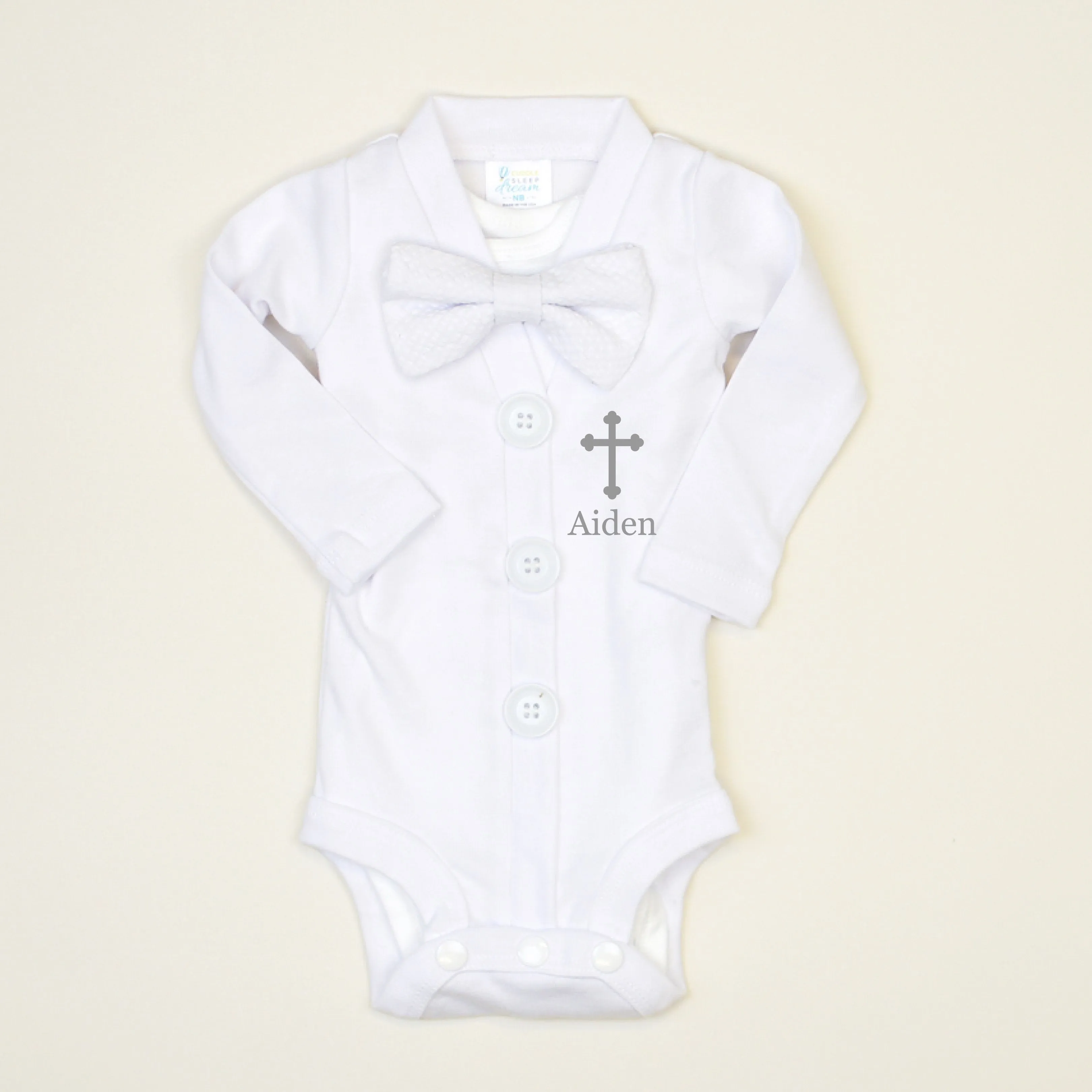 Personalized Baptism Cardigan | White Tie & Gray Writing