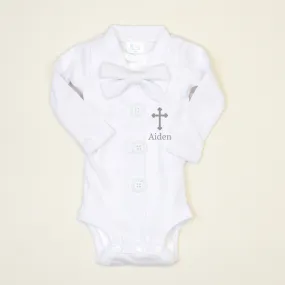 Personalized Baptism Cardigan | White Tie & Gray Writing