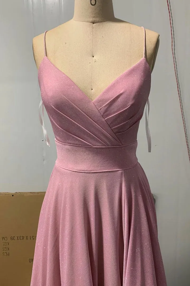 Pink V-neck long prom dress A-line evening dress     fg25