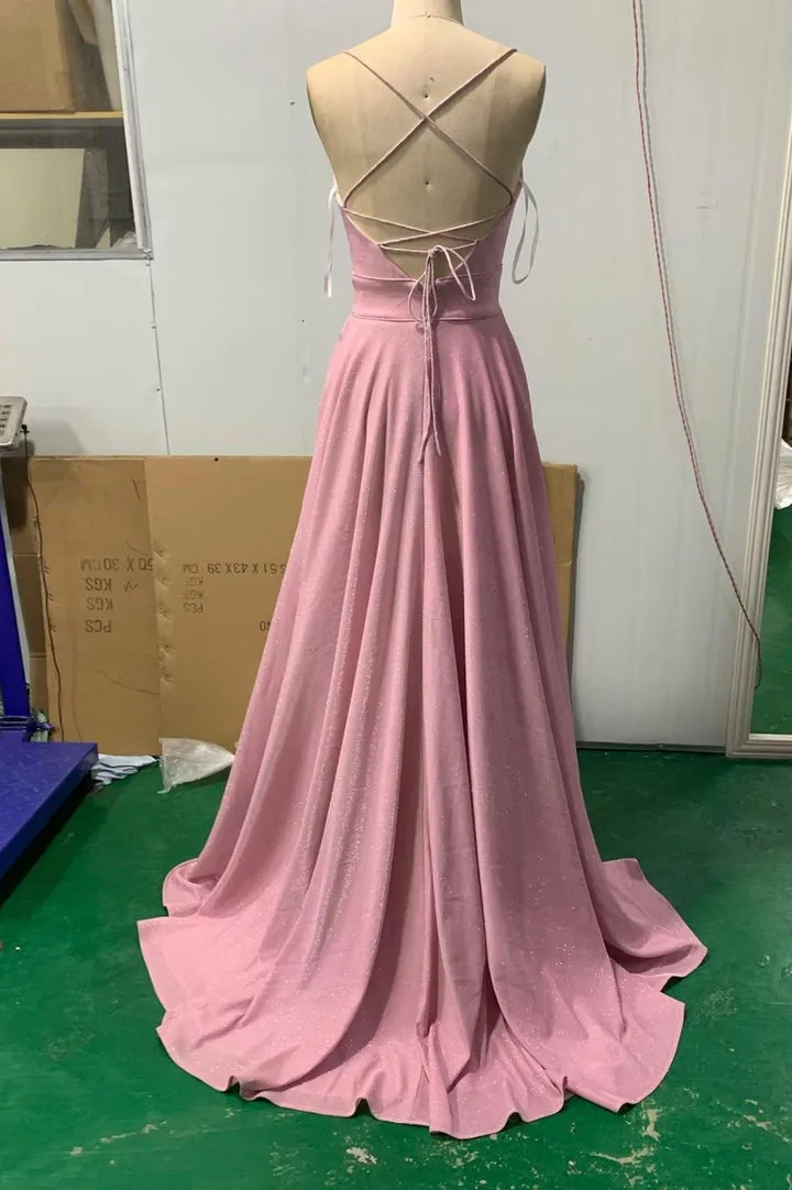 Pink V-neck long prom dress A-line evening dress     fg25