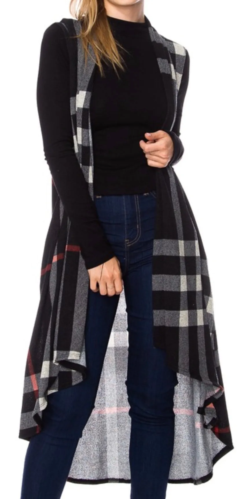 Plaid Sleeveless Duster Cardigan