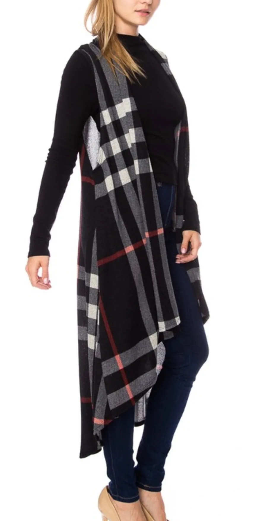 Plaid Sleeveless Duster Cardigan