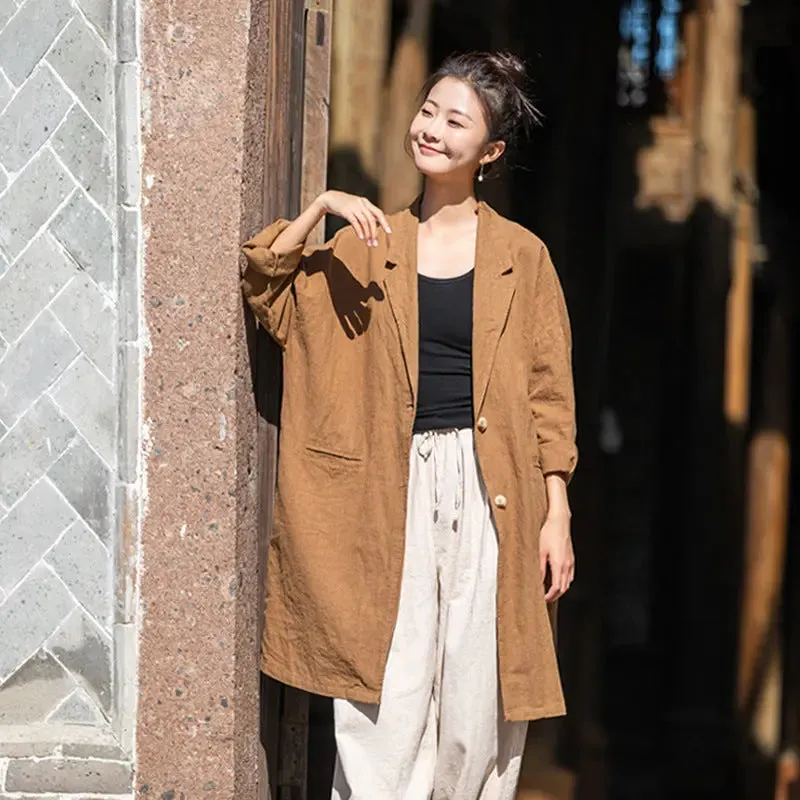 Retro Linen Loose Cardigan for Casual Ladies Suit Jacket