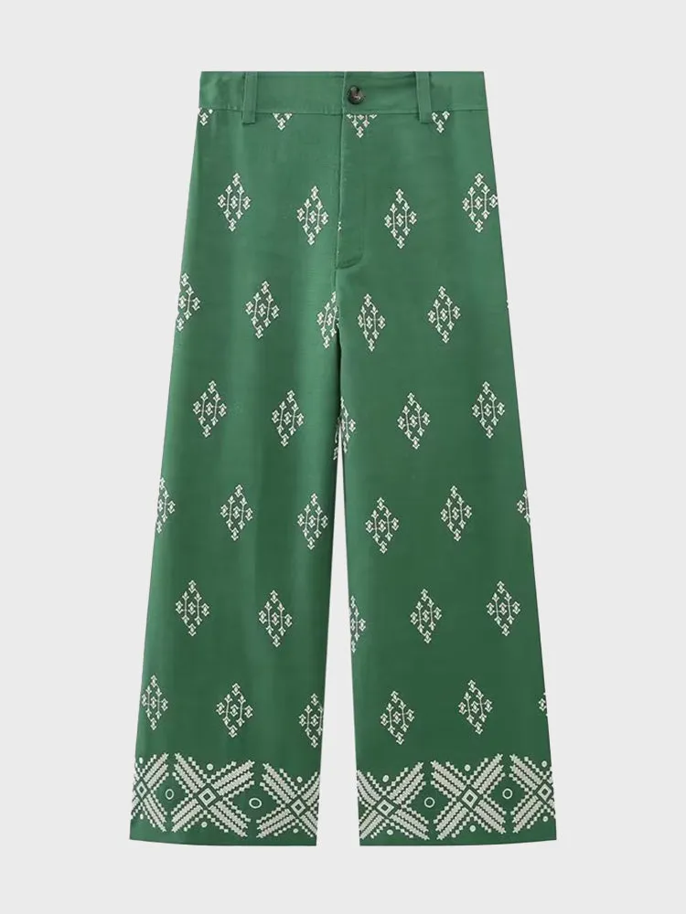 Retro Print Linen High-Waisted Pants