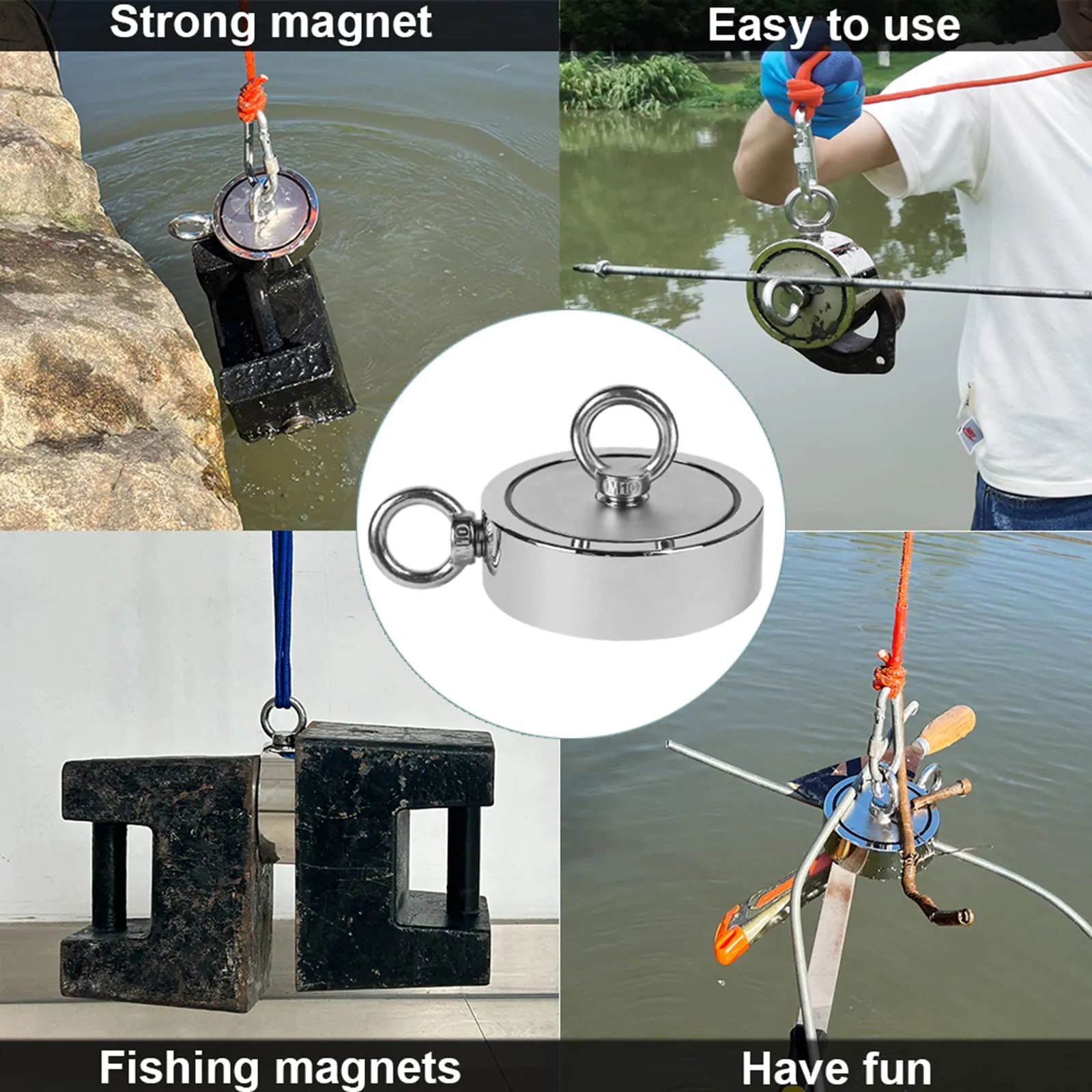 RIHEGIANT Magnet Fishing kit Double Side Neodymium Magnets 1700 lb Pull Force Fish Magnetic