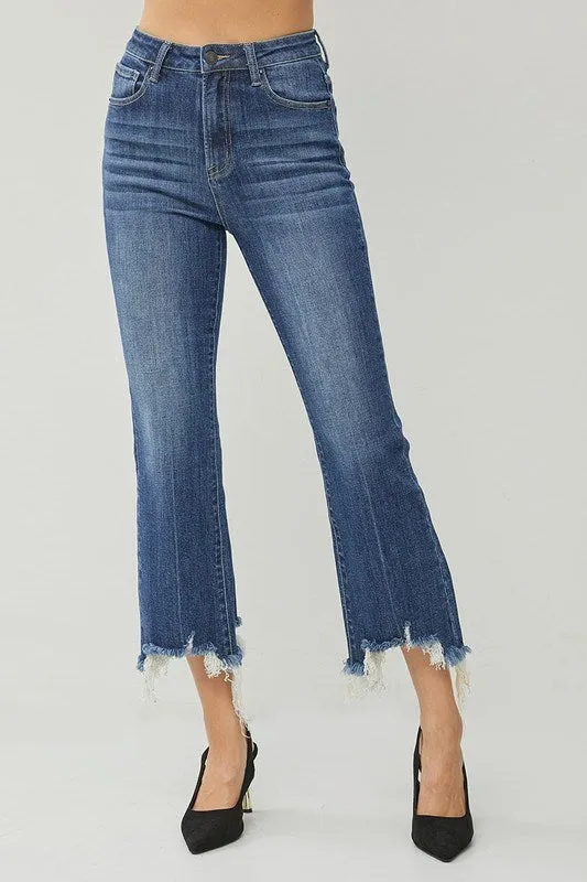 Risen Jeans - High Rise Frayed Hem Ankle Flare Jeans - RDP1059