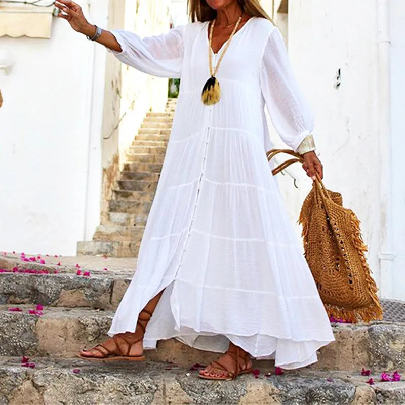 Simple and elegant maxi dress in cotton and linen