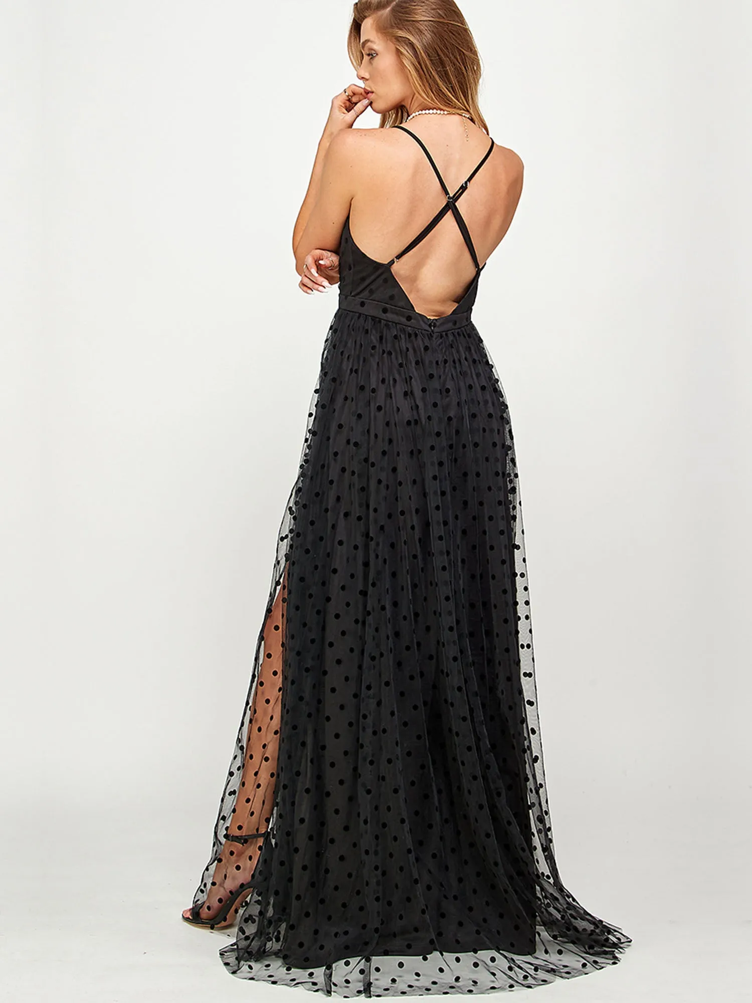 Sleeveless Dot Tulle Maxi Dress