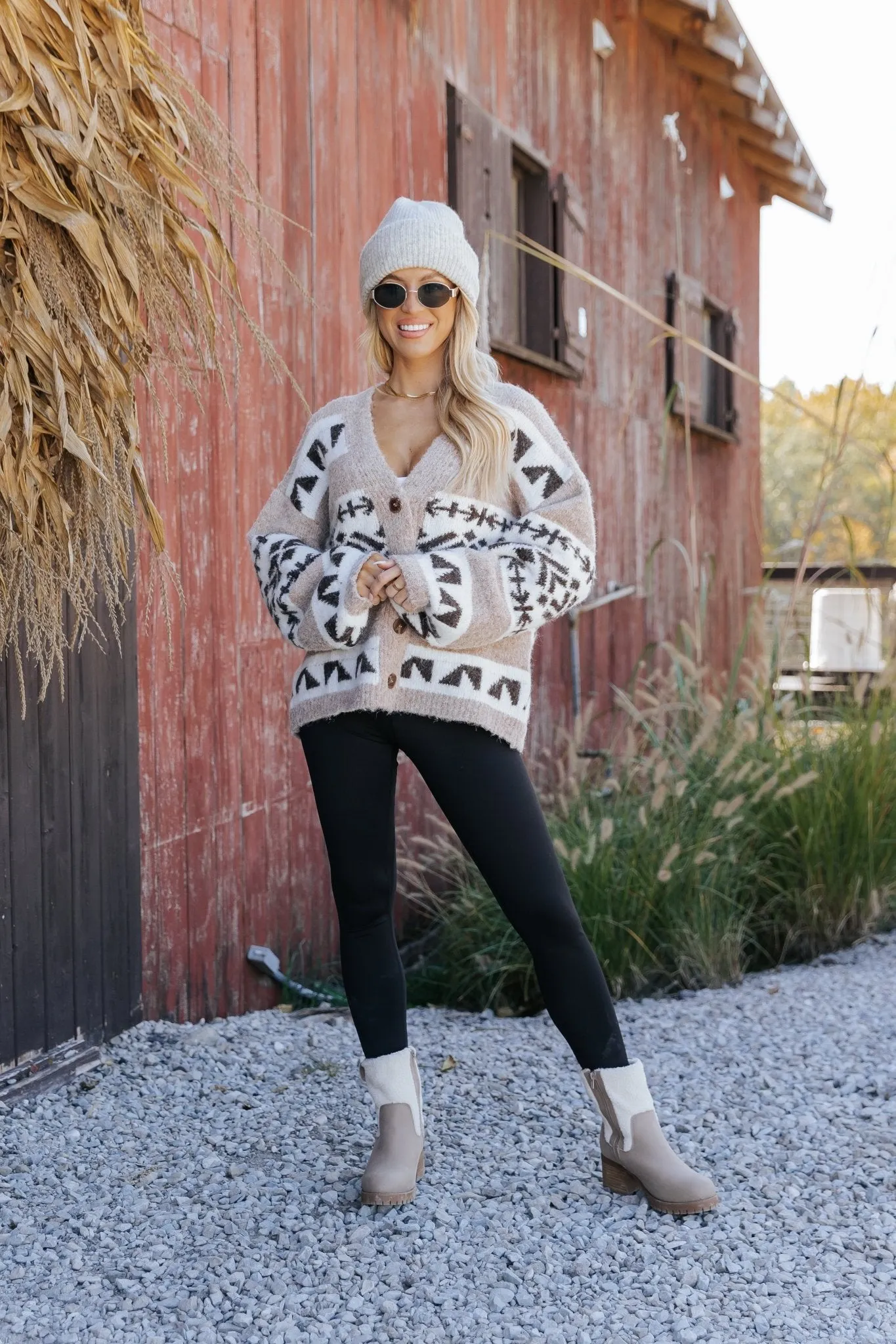 Taupe Aztec Print Buttoned Cardigan