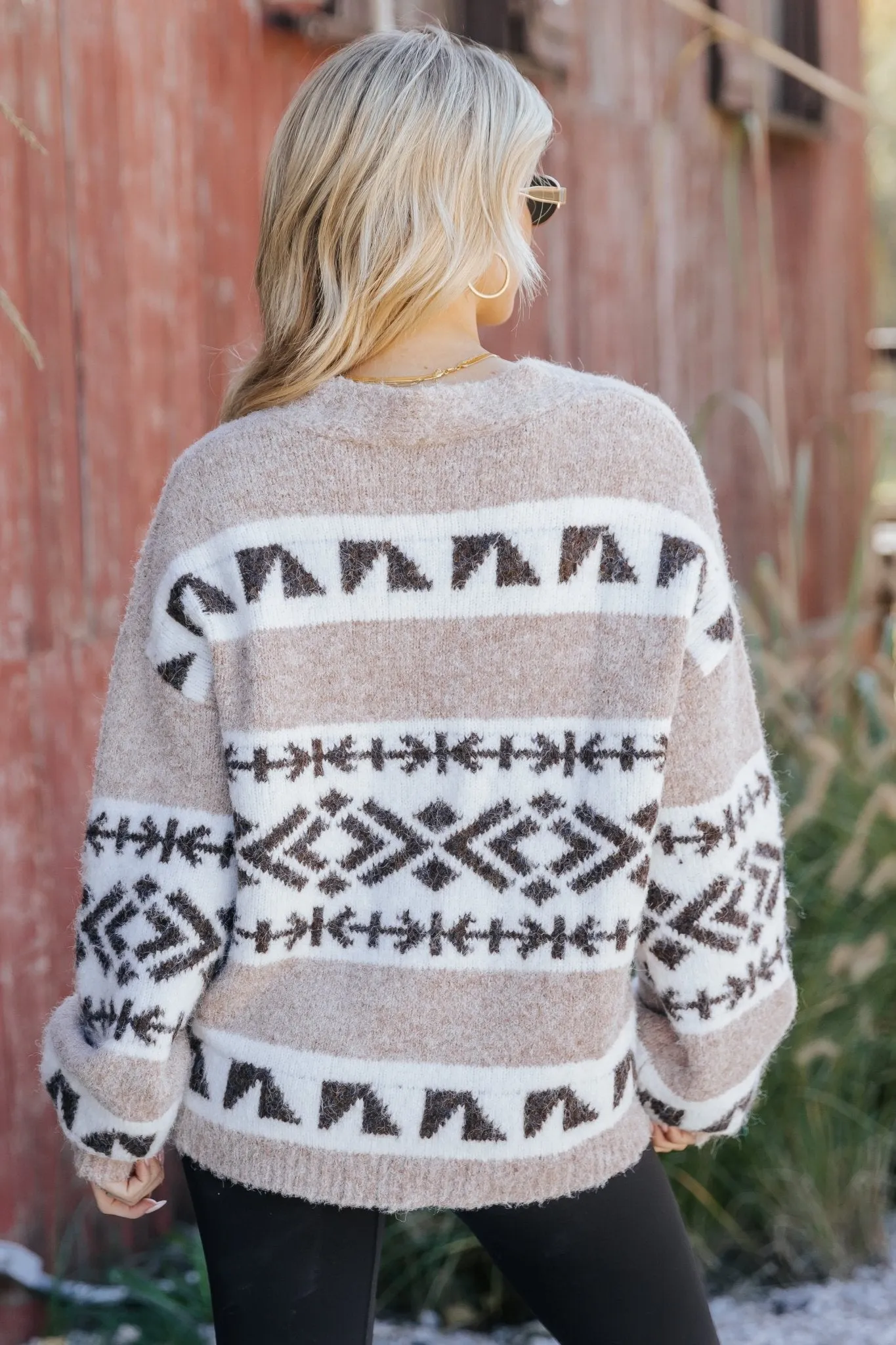 Taupe Aztec Print Buttoned Cardigan