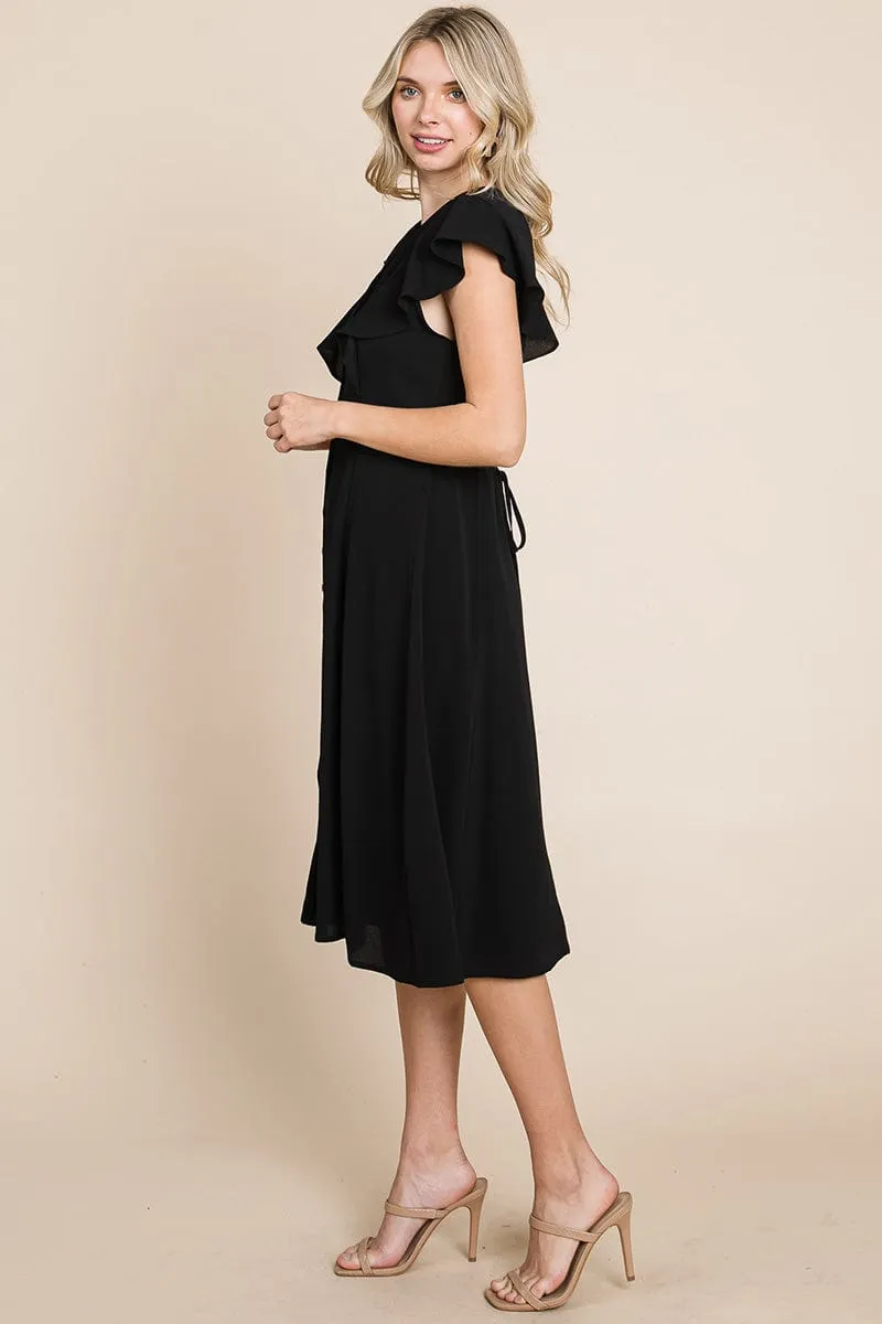 V neck Flutter Sleeve A line Midi Dress