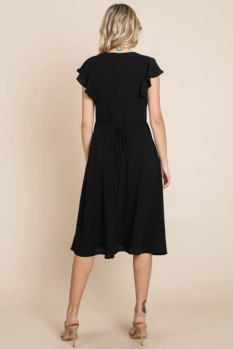 V neck Flutter Sleeve A line Midi Dress