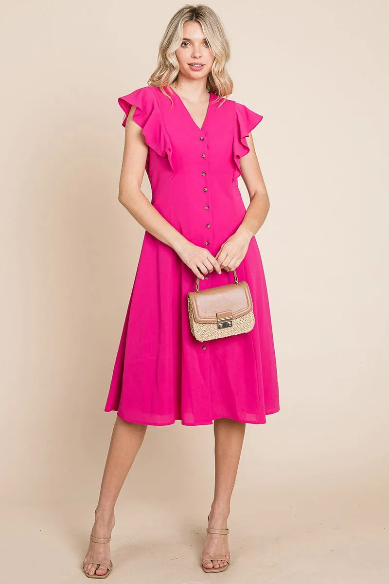 V neck Flutter Sleeve A line Midi Dress