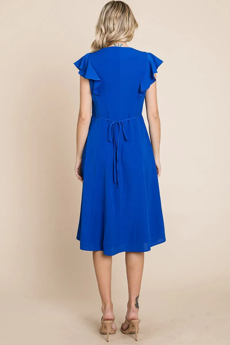 V neck Flutter Sleeve A line Midi Dress