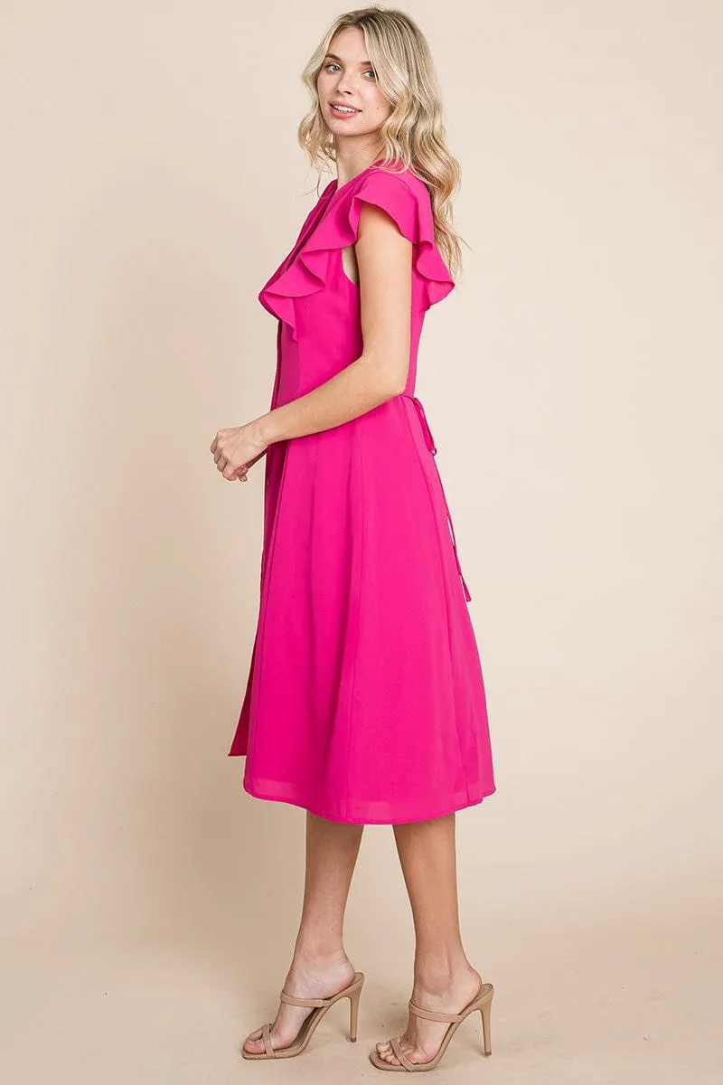 V neck Flutter Sleeve A line Midi Dress