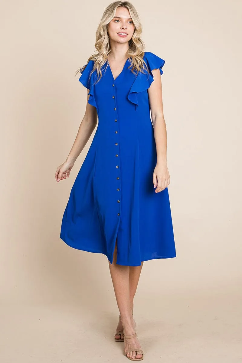 V neck Flutter Sleeve A line Midi Dress