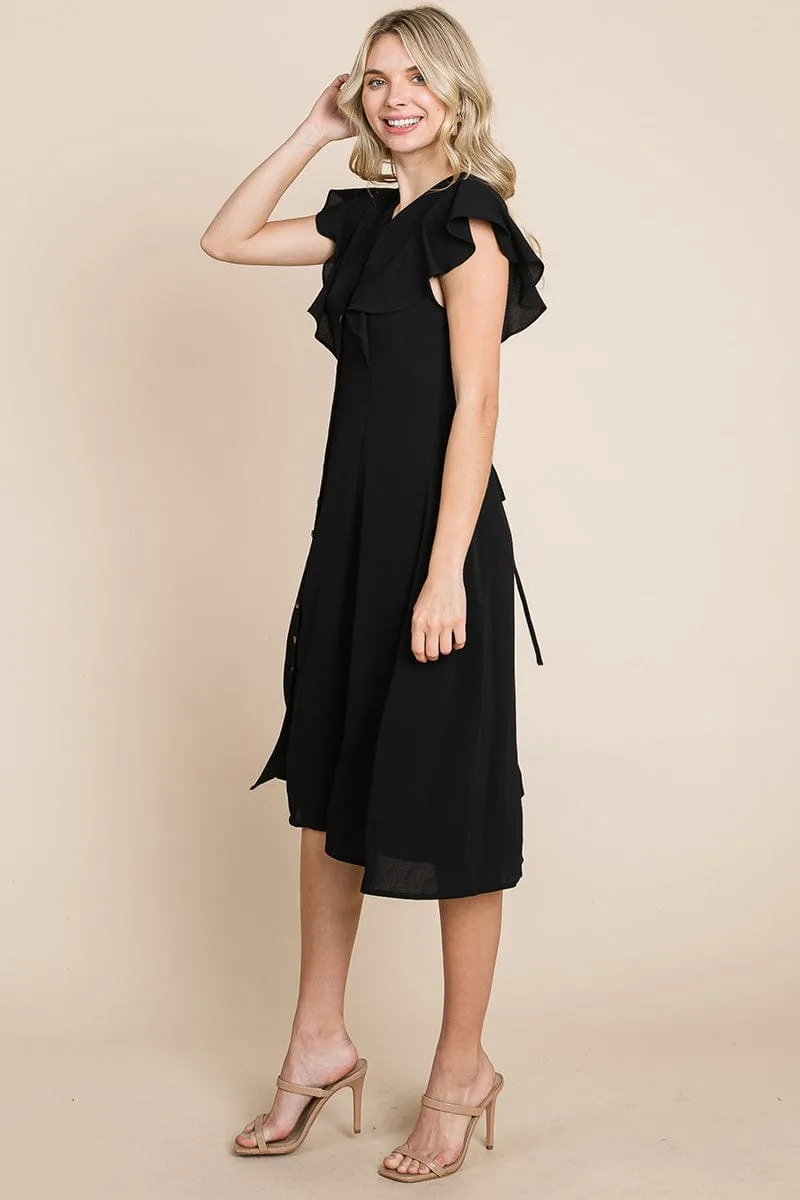 V neck Flutter Sleeve A line Midi Dress