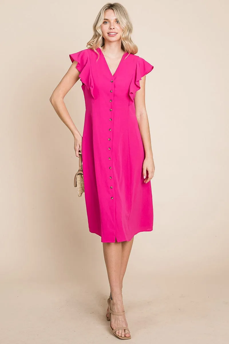 V neck Flutter Sleeve A line Midi Dress