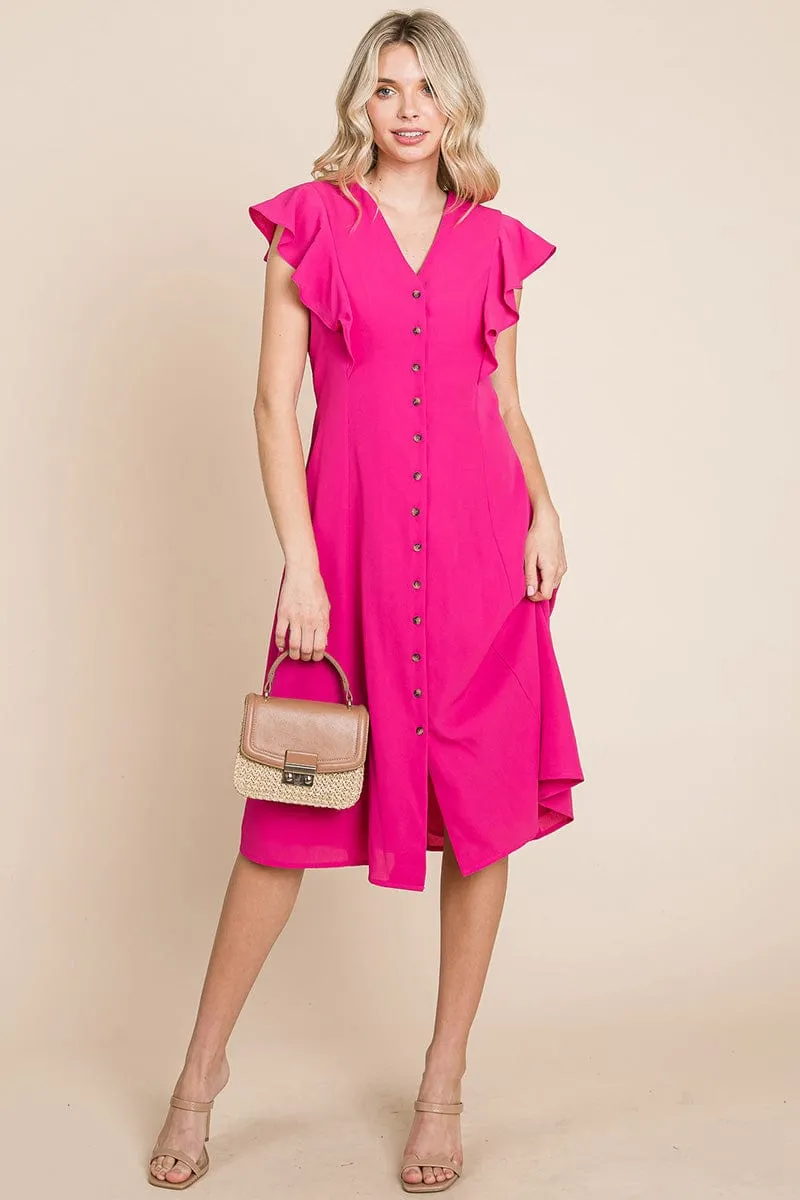 V neck Flutter Sleeve A line Midi Dress