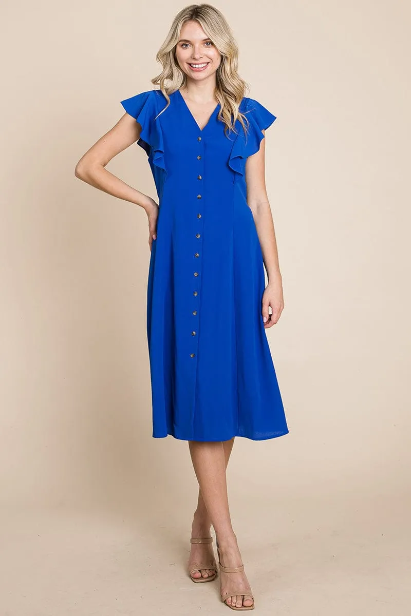 V neck Flutter Sleeve A line Midi Dress