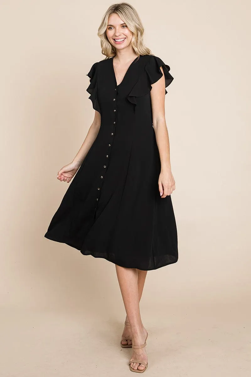 V neck Flutter Sleeve A line Midi Dress