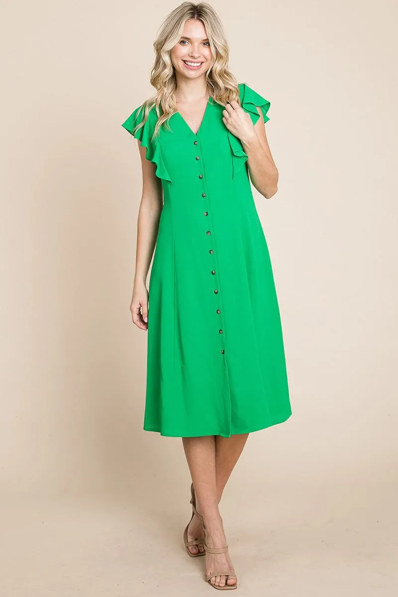 V neck Flutter Sleeve A line Midi Dress