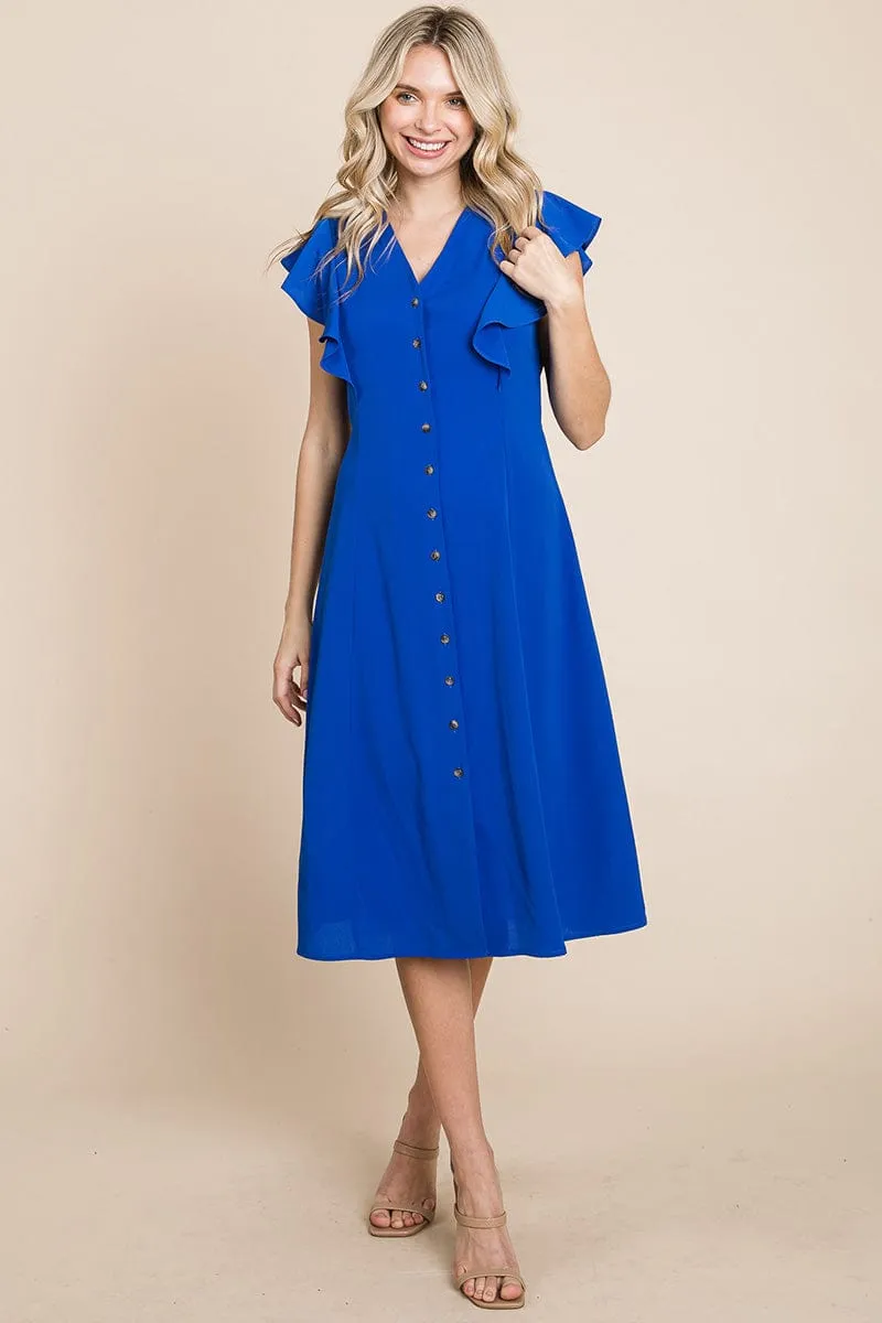 V neck Flutter Sleeve A line Midi Dress