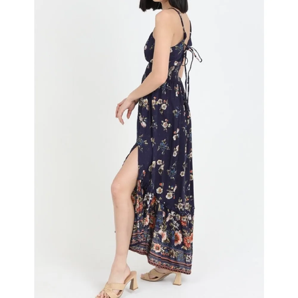 V-Neck Lace up Back Maxi Dress