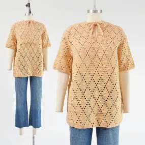 Vintage 70s Bisque Hand Knit Sheer Crochet Sweater Boho Hippie Top size M