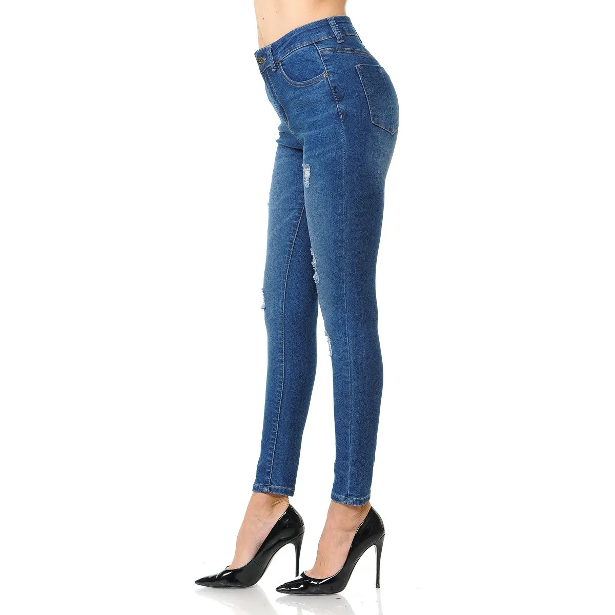 Wax Jeans Women's High Rise 5-Pocket Skinny Jean with Destruction