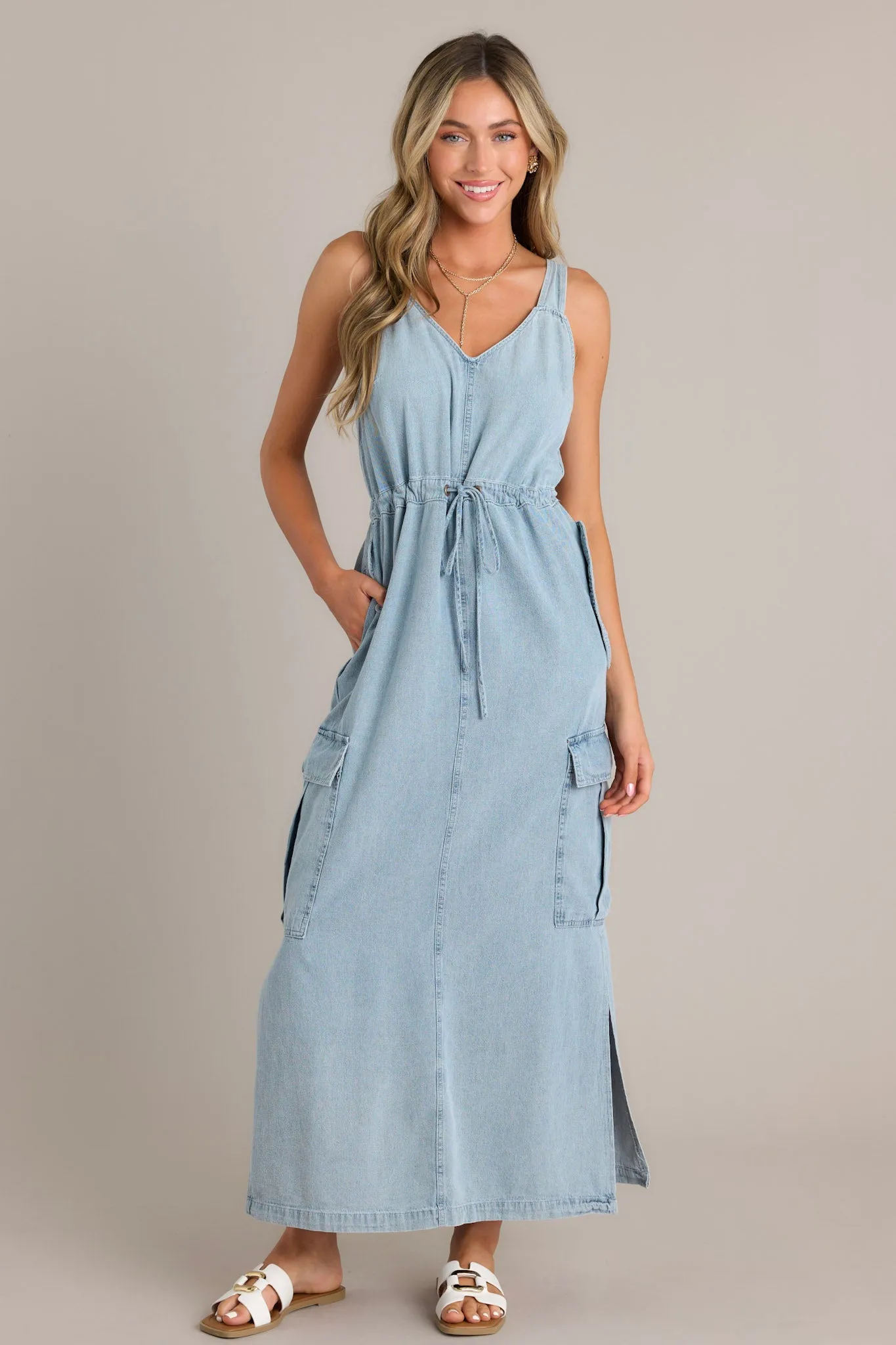 Whispering Waters Light Chambray 100% Cotton Maxi Dress