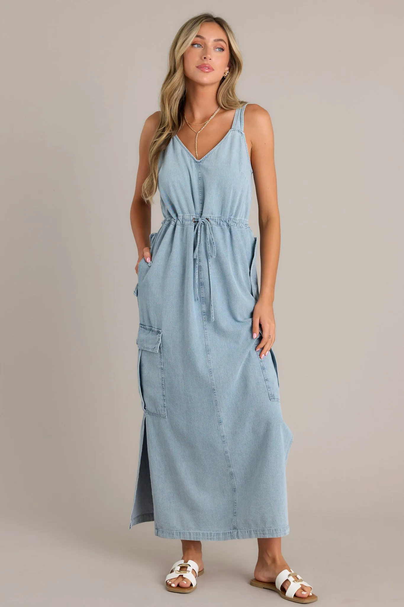 Whispering Waters Light Chambray 100% Cotton Maxi Dress