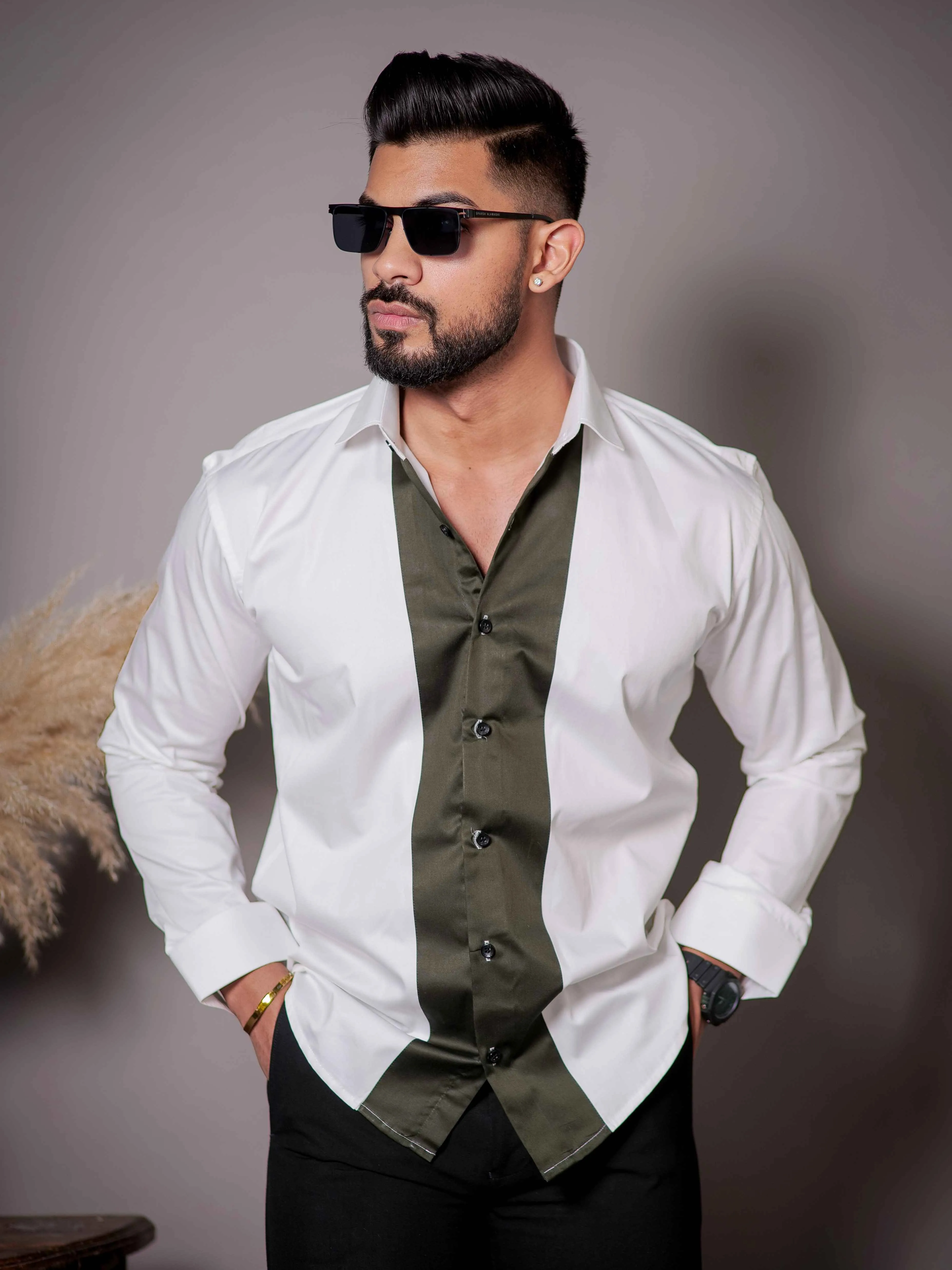 White And Green Designer Satin Cotton Shirt