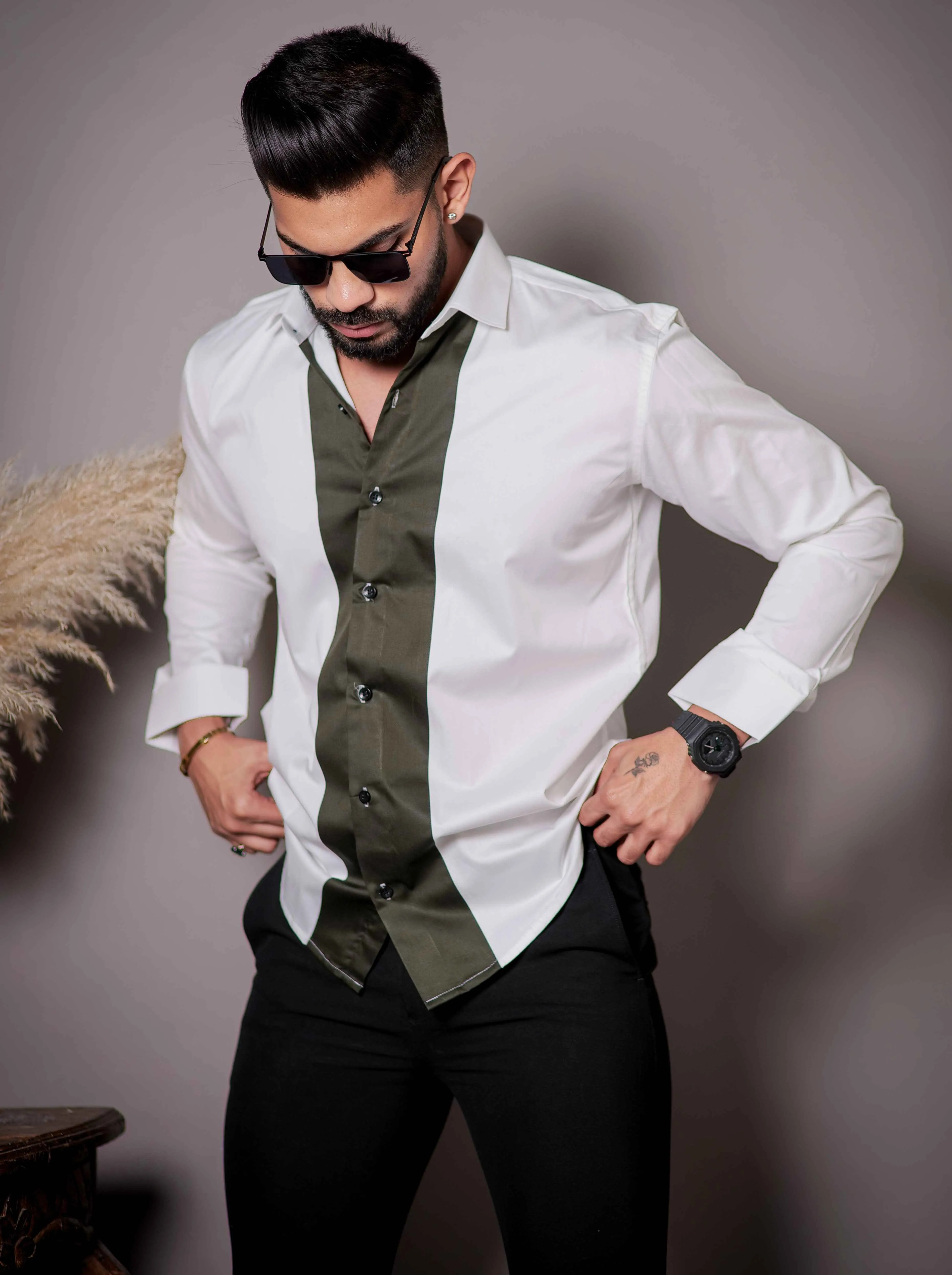 White And Green Designer Satin Cotton Shirt